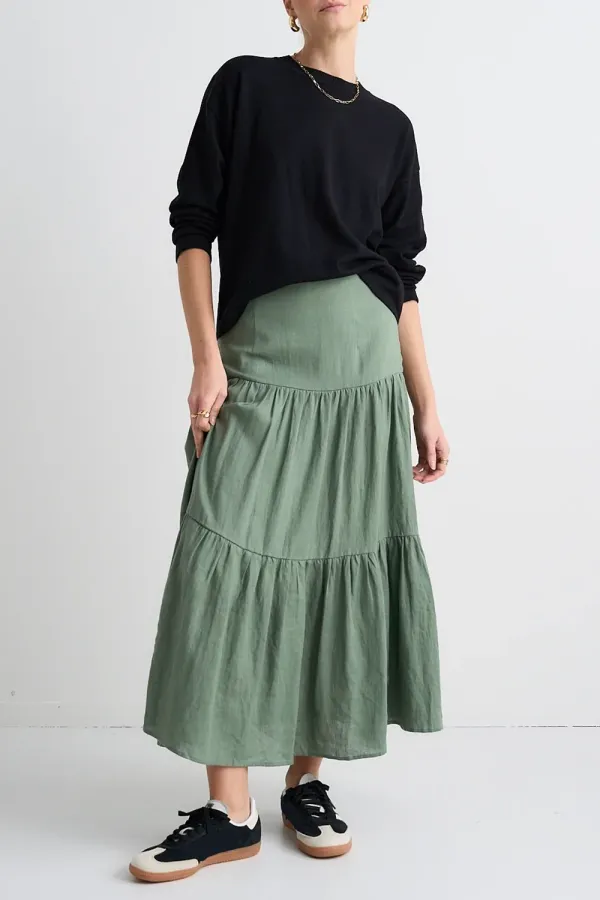 Blazing Moss Tiered Linen Midi Skirt