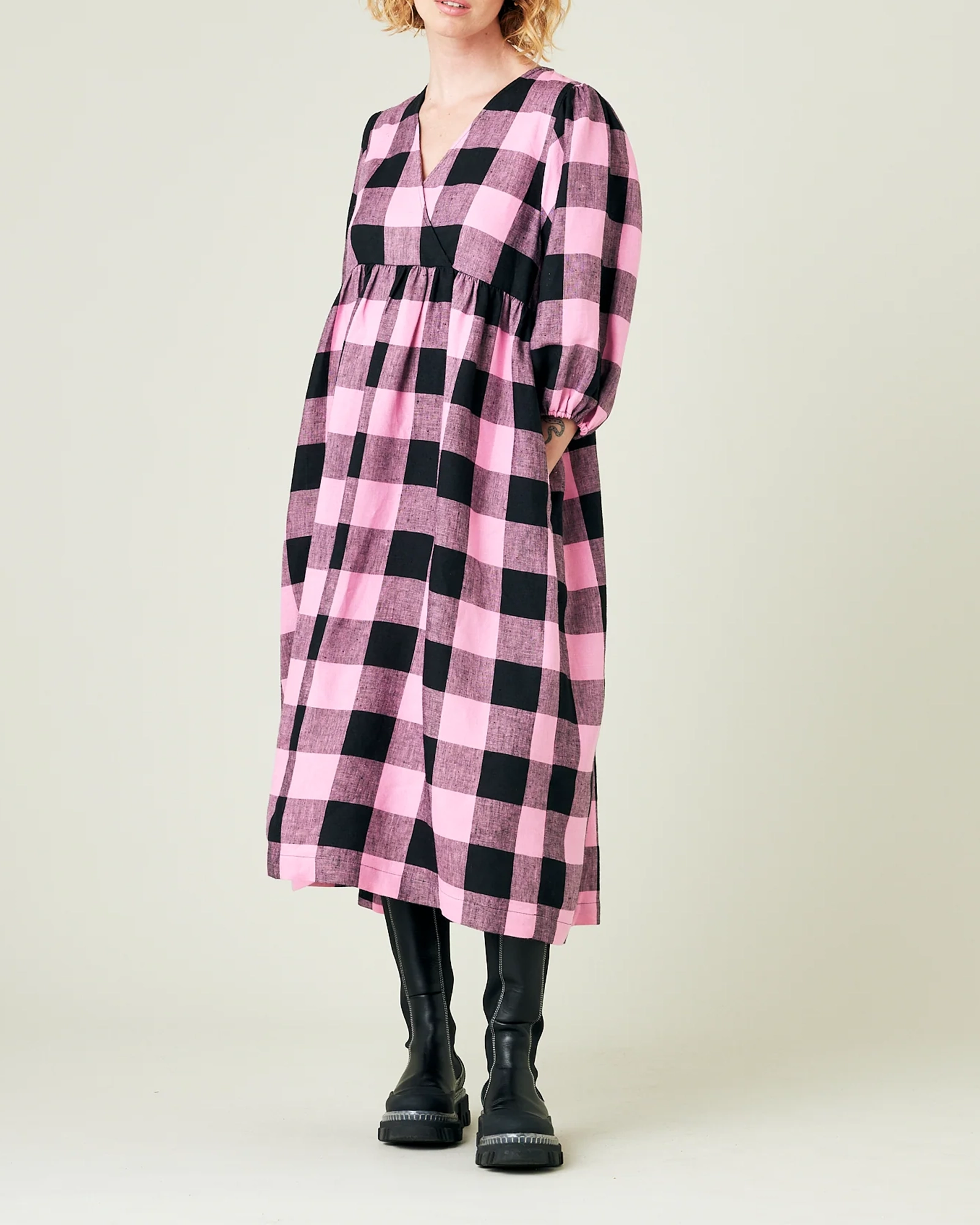 ABBIE PINK & BLACK MEGA CHECK LINEN DRESS