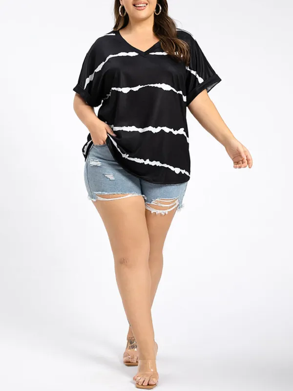 Plus Striped V-Neck Cuffed Sleeve Tee