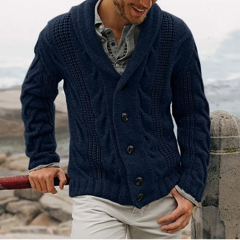 Autumn and winter new men's cardigan spell color long sleeve lapel knit sweater male