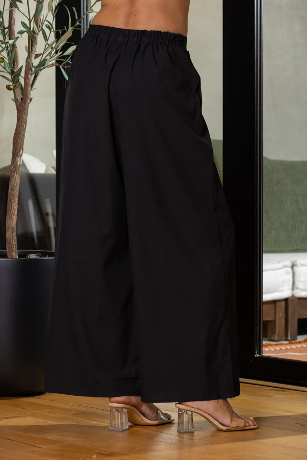 BLACK HIGH WAISTED TIE KNOT WIDE LEG PANTS