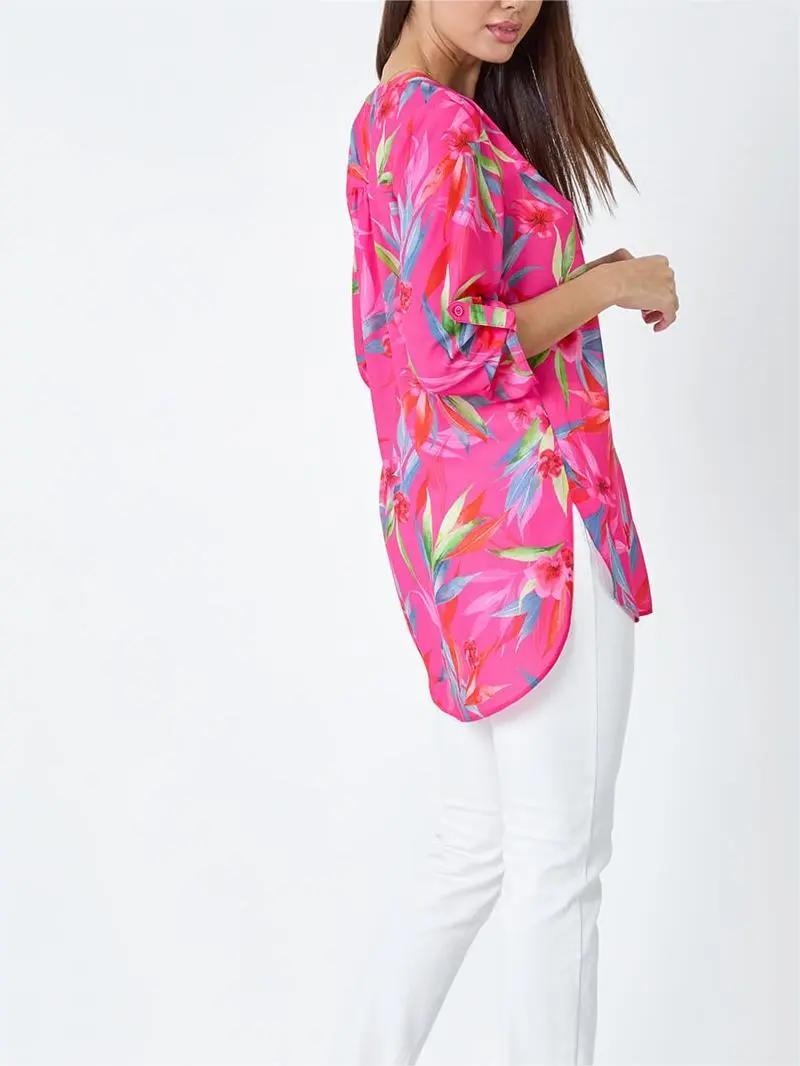 Cerise Floral Print Longline Blouse