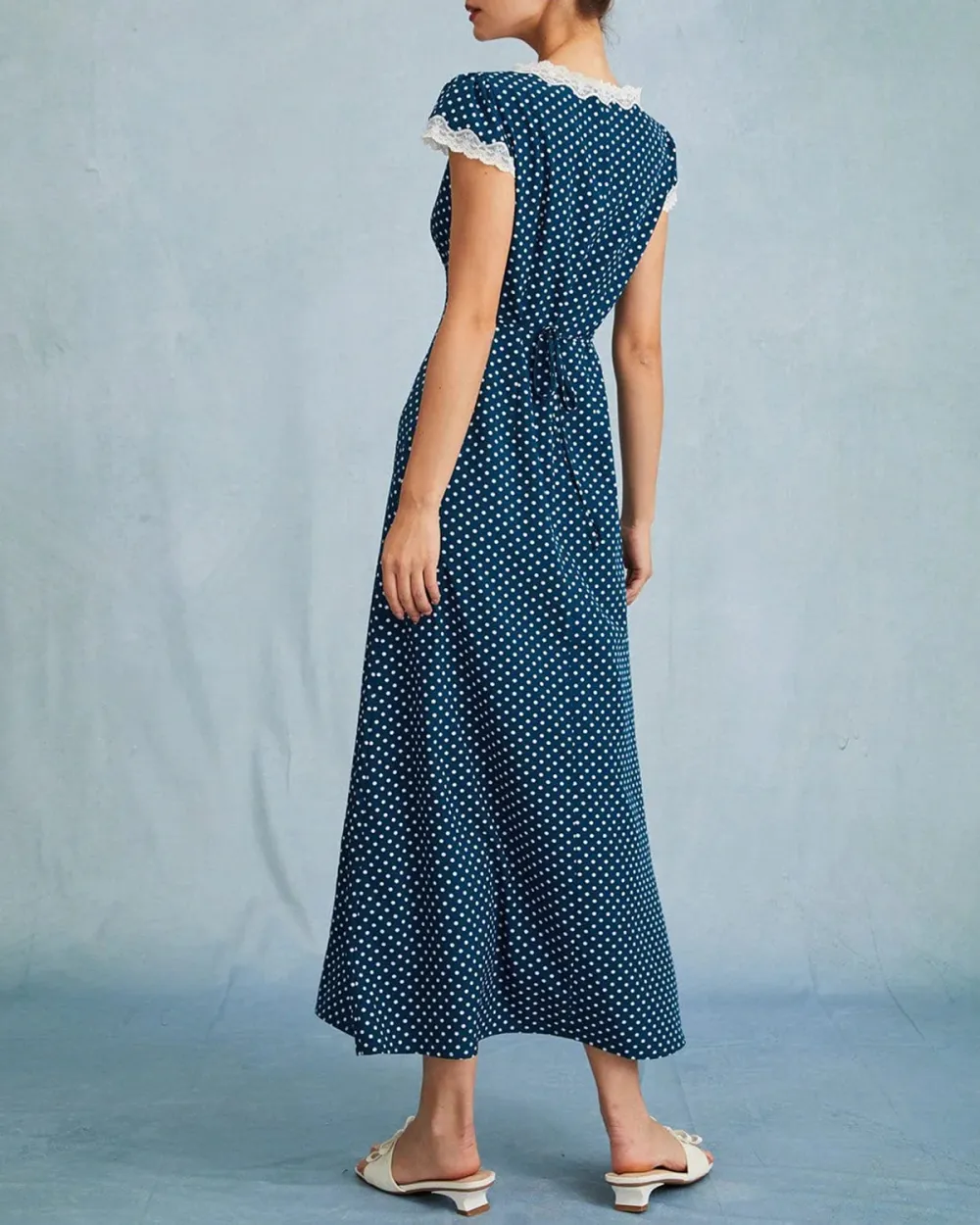 Blue Polka Dot Lace Sleeve Dress