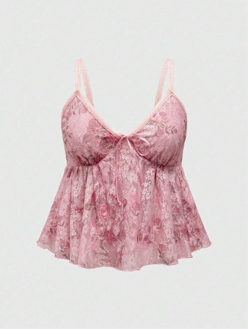 Fairycore Plus Size Rose Pattern Lace Fabric Babydoll Cami And Top