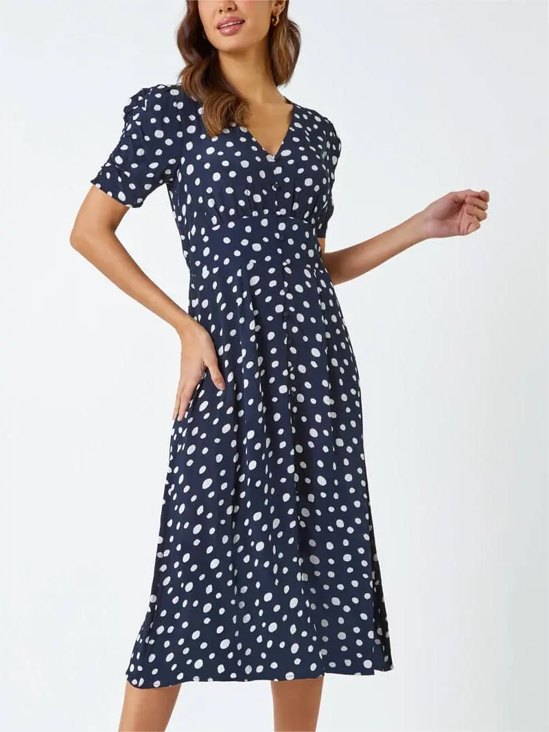 Navy Polka Dot Ruched Sleeve Midi Dress