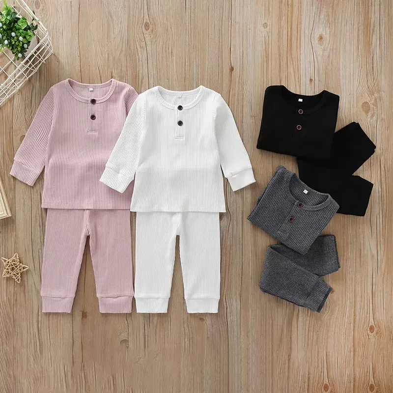 Solid Color Ribbed Kids Pajamas Sets Fashion Children Unisex Clothes Cotton Long Sleeve Pajamas+Pants Spring Autumn Baby Clothing