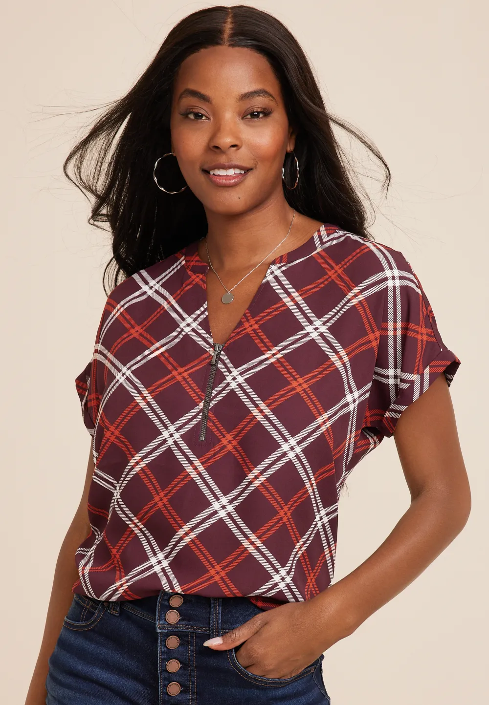 Geneva Windowpane Zipper Neck Blouse