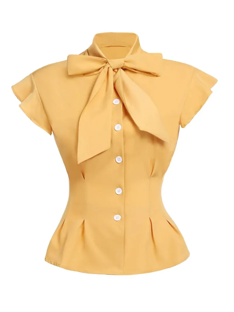 YELLOW 1950S BOW SOLID BLOUSE TOP