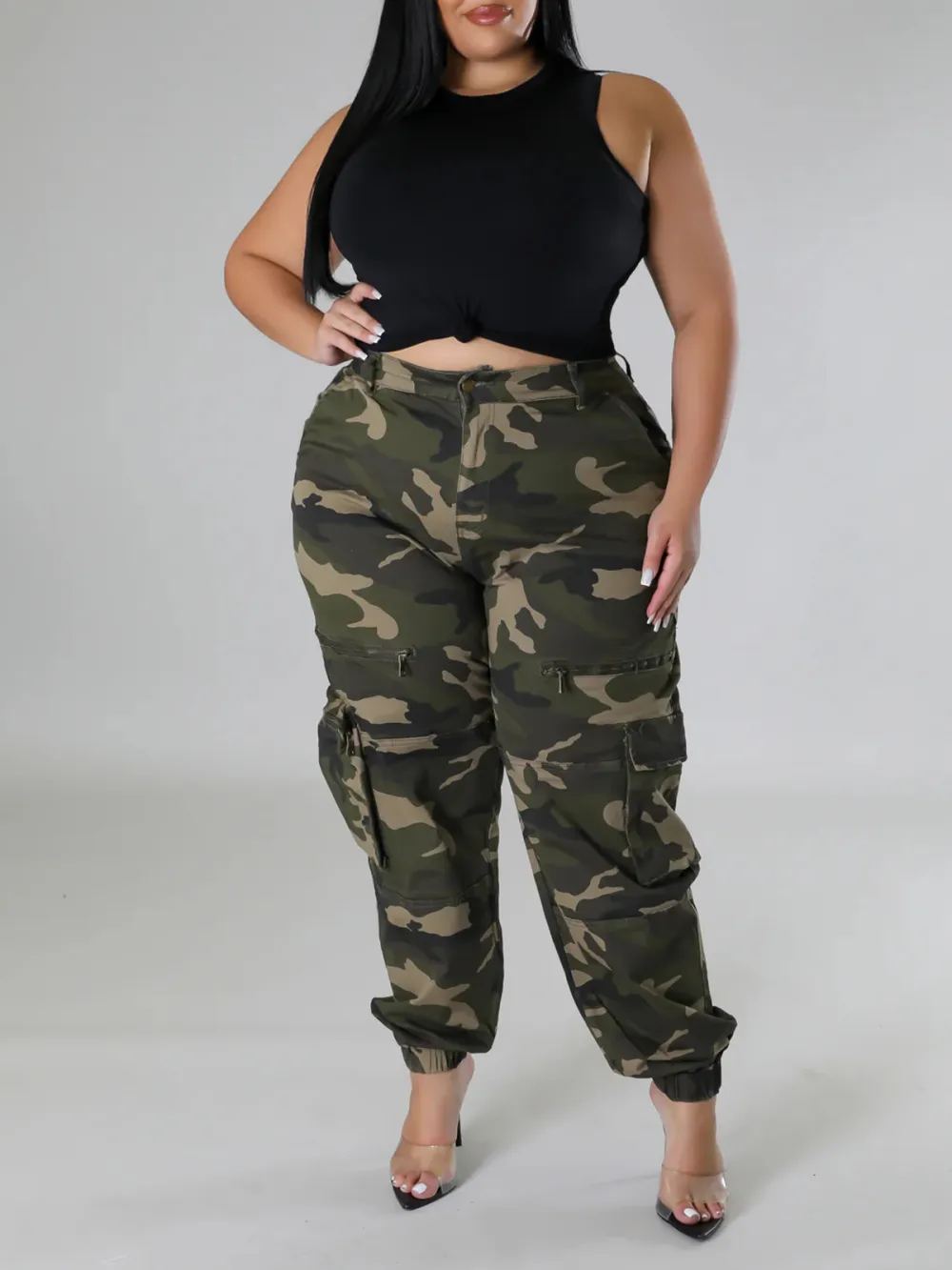 Plus-Size Fashion Women'S Camouflage Pants With Zipper