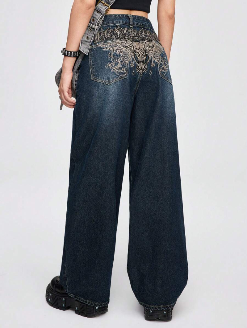 Grunge Punk Ladies' Grunge Punk Loose Wide Leg Jeans With Winged Skull Embroidered Patch On Back Pocket