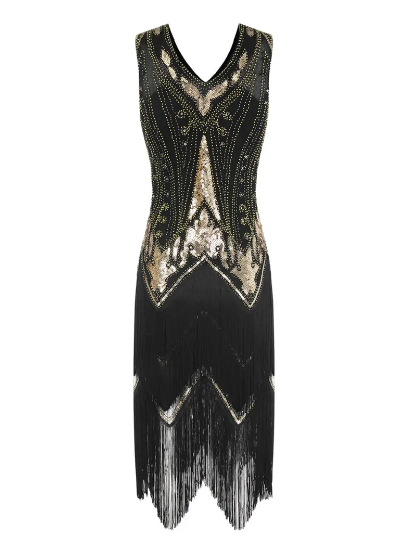 BLACK 1920S ONE-SHOULDER CAPED SEQUINED DRESS