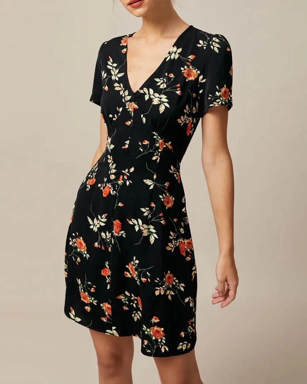 V-neck black floral print dress