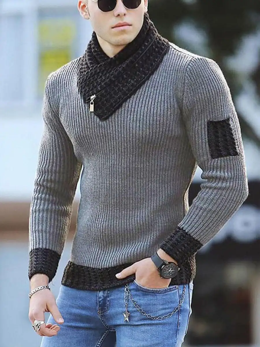 Men's Turtleneck Pullover Scarf Long Sleeve Casual Knit Sweater