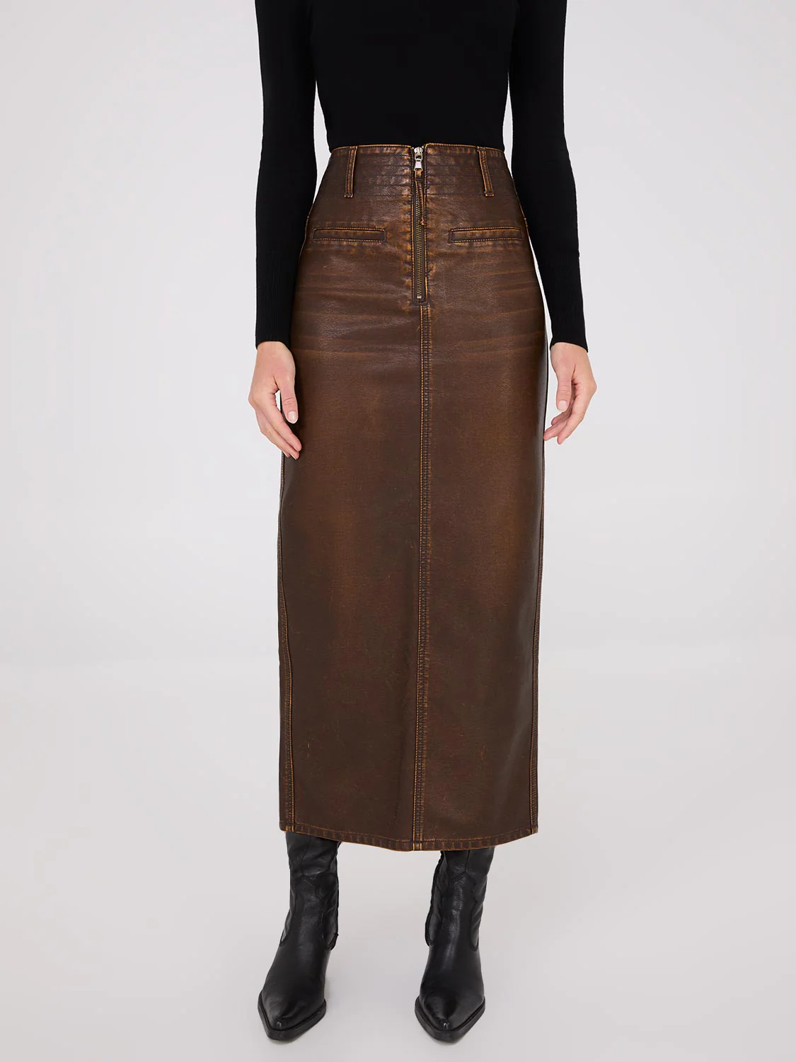 Distressed Faux Leather Maxi Pencil Skirt