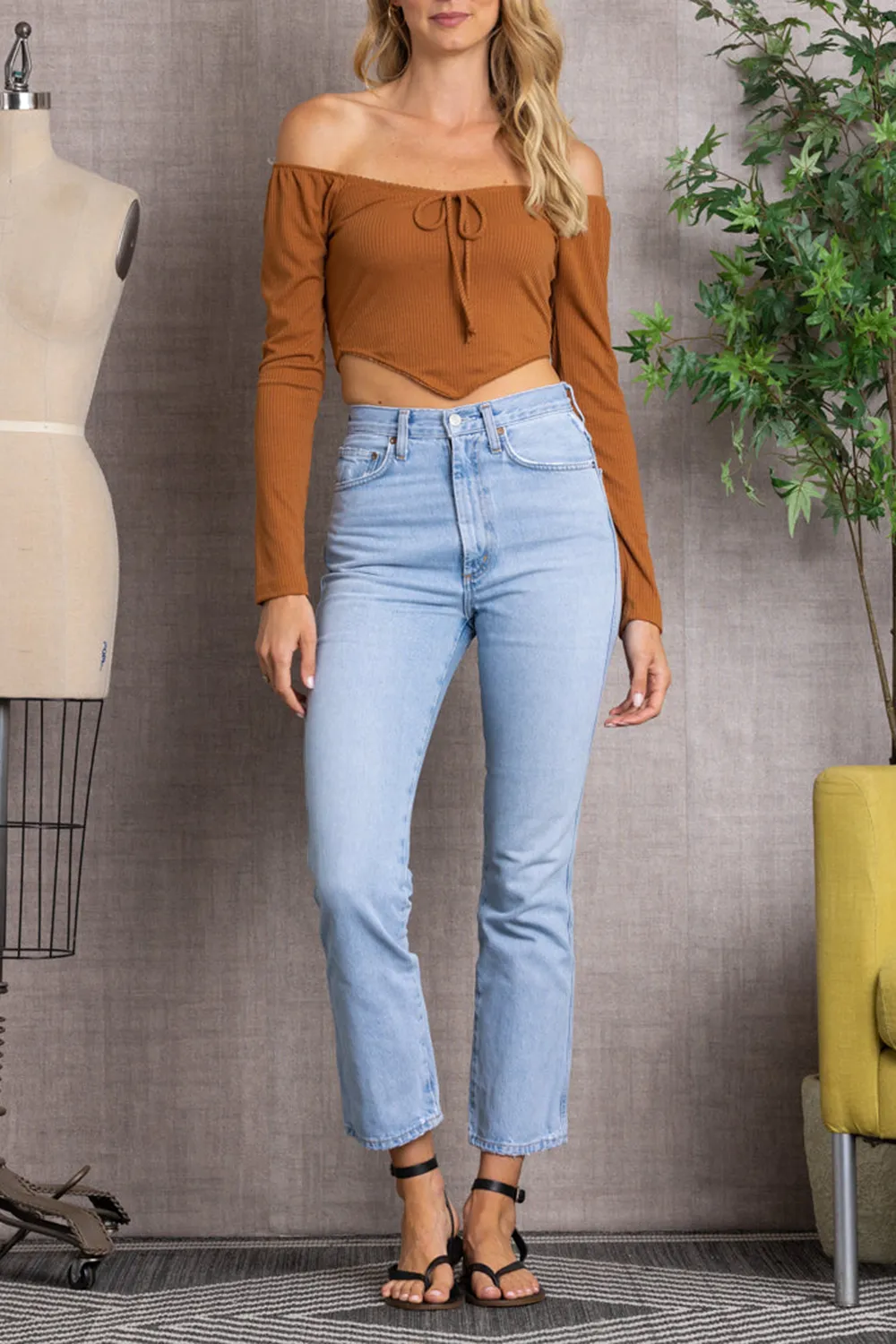 CAMEL SPRUCE RIBBED LONG SLEEVES V-CUT HEMLINE CROP