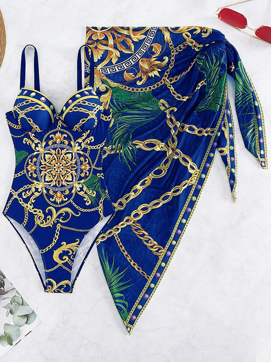 Women's One-Piece Back Printed Bikini Cover-Up Two-Piece Set