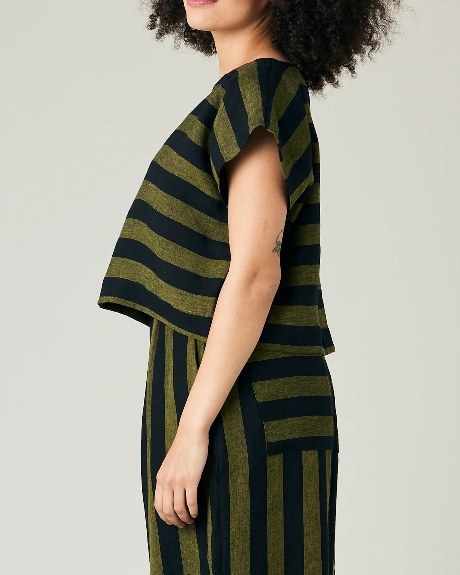 POLLY BLACK & OLIVE STRIPE LINEN TOP