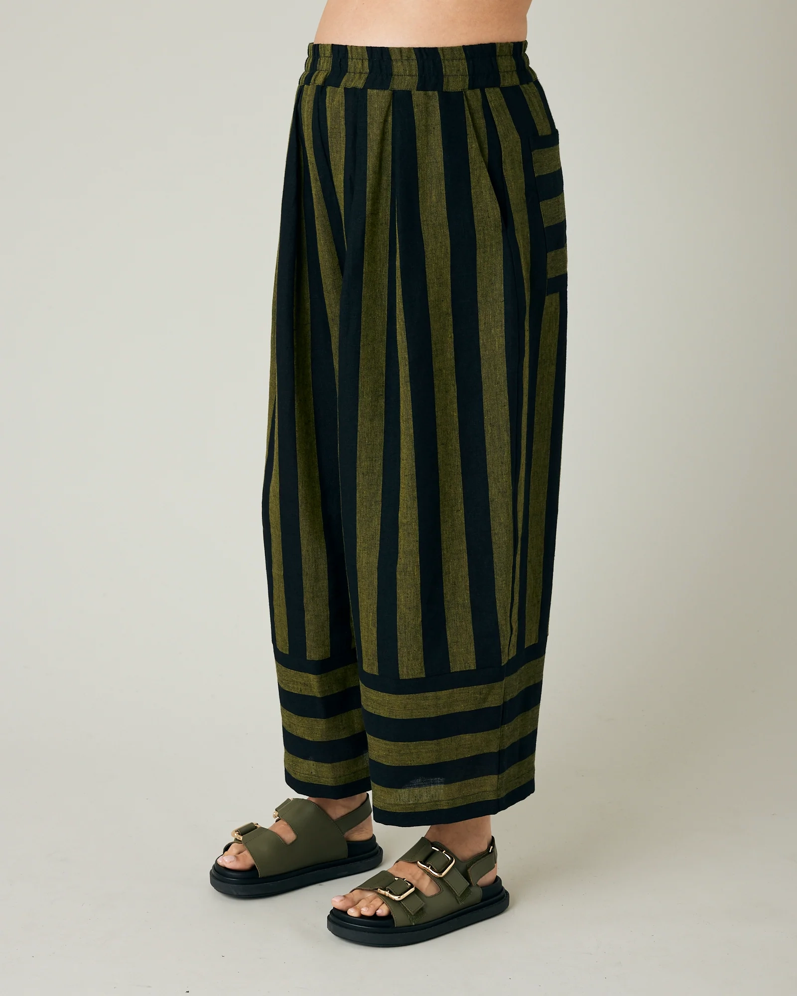 BOBBI BLACK & OLIVE STRIPE LINEN TROUSERS