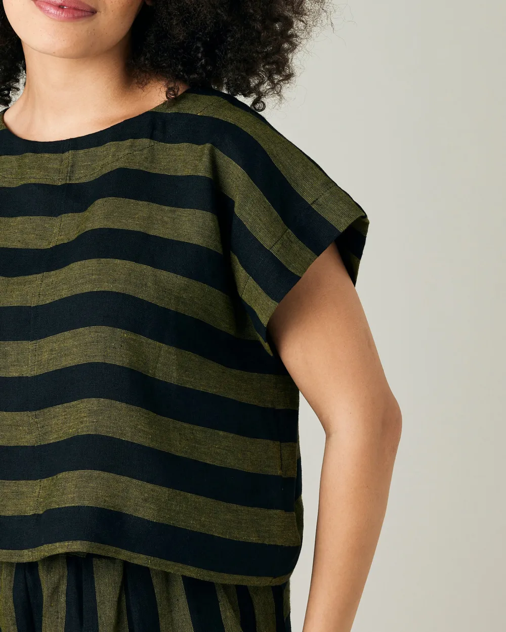 POLLY BLACK & OLIVE STRIPE LINEN TOP