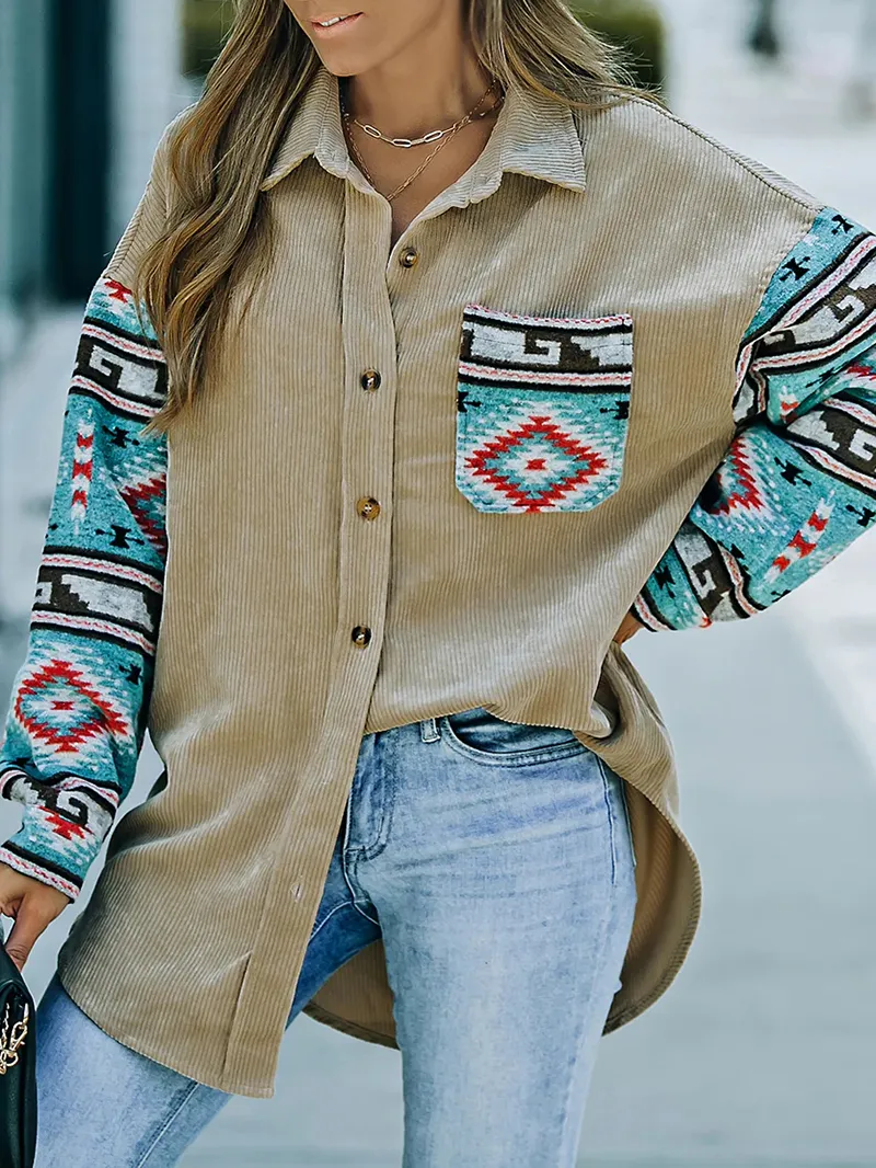 Casual retro printed patchwork corduroy jacket