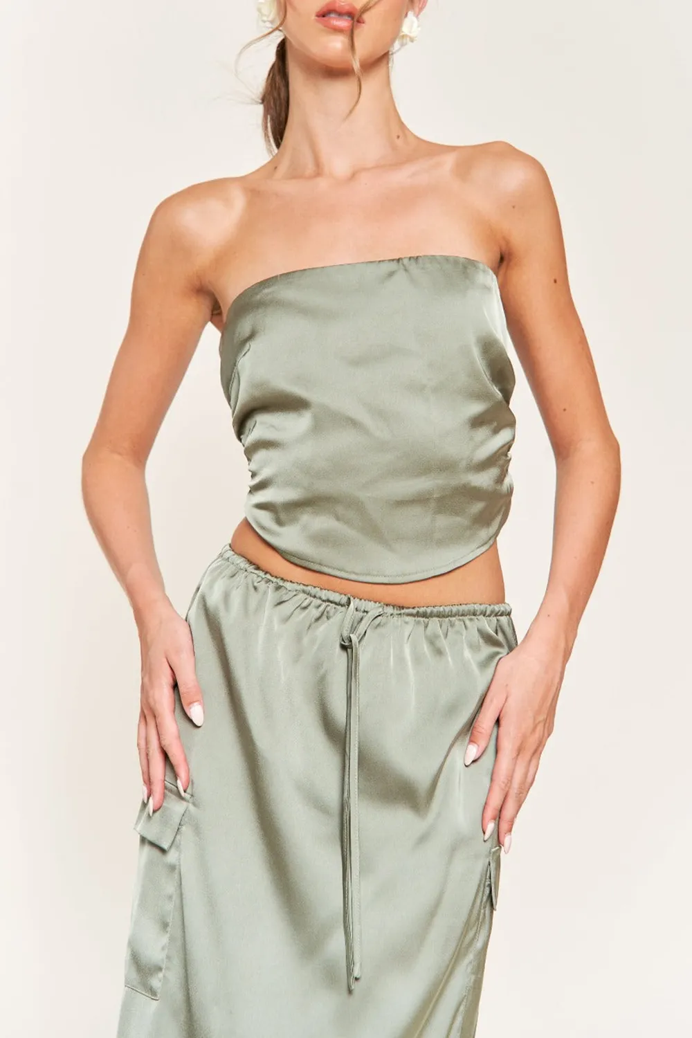 SAGE GREEN SATIN BANDEAU CROP