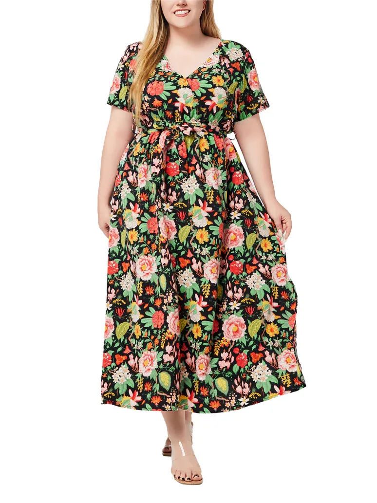 Floral V-Neck Belted Split Wrap Dress