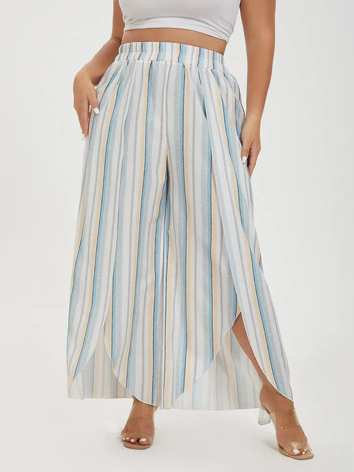 Plus Colorblock Striped Tulip Hem Elastic Waist Wide Leg Pants