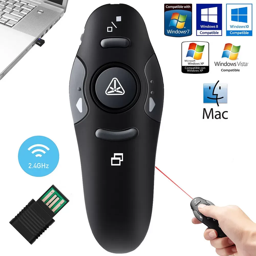 Powerpoint Clicker with Laser Pointer Presentation Remote Control and Red Light Point Universal RC RF 2.4GHz Wireless USB PPT Presenter Controller Sli