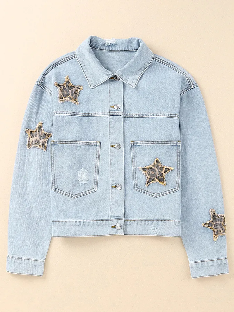 Casual leopard print star patchwork denim jacket