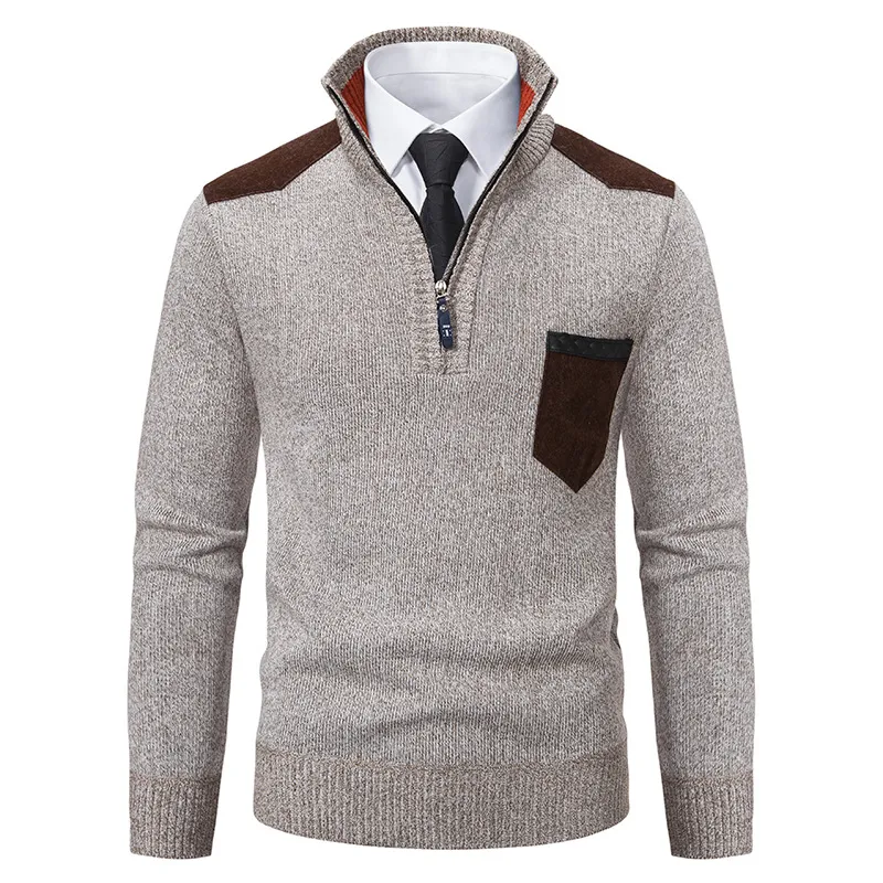 Men's Retro Zipper Stand Collar Contrast Color Pullover Sweater