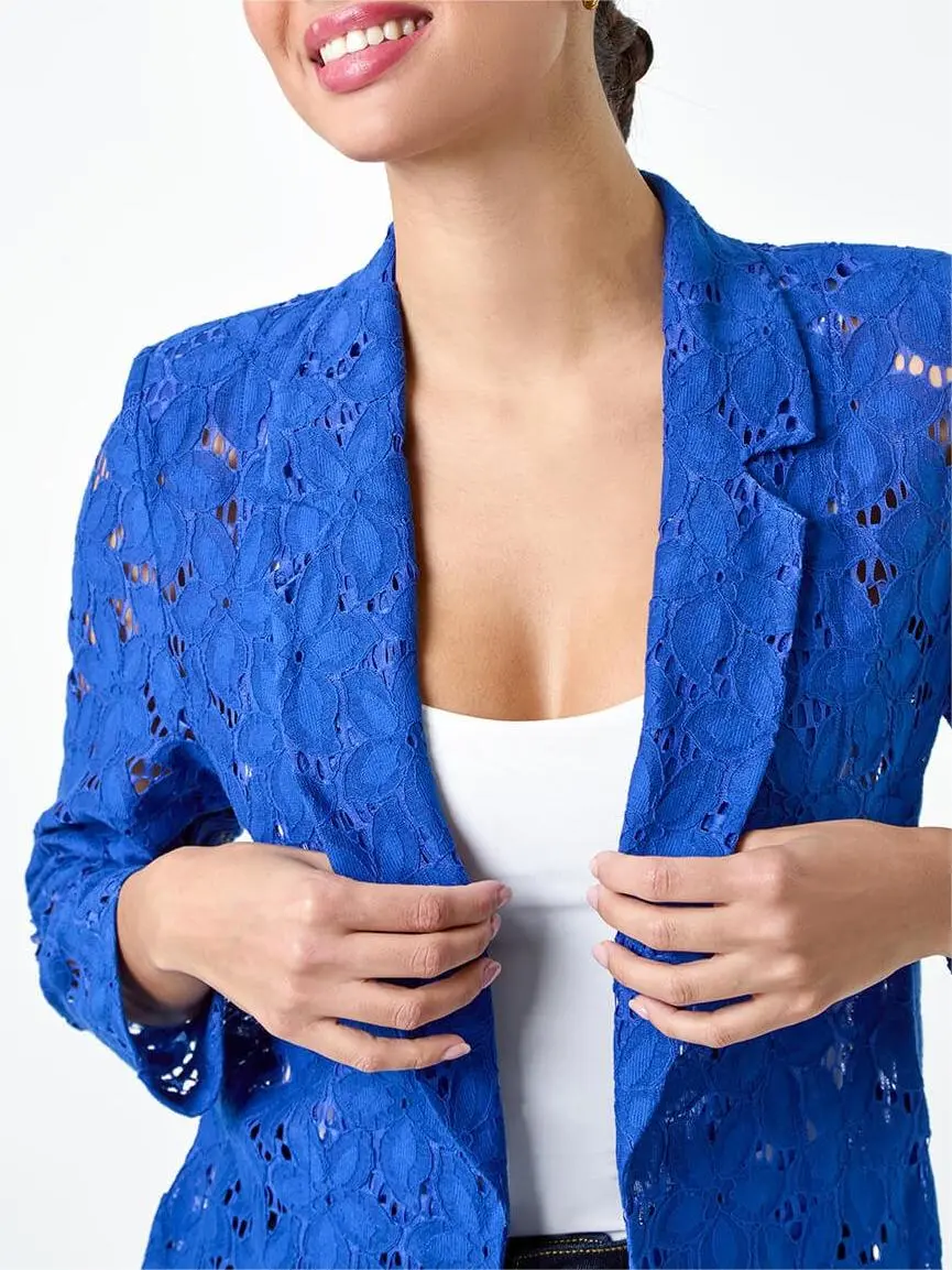 Royal Blue Cotton Blend Floral Lace Jacket