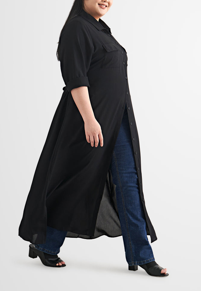 Long Trench Style Button Dress Shirt