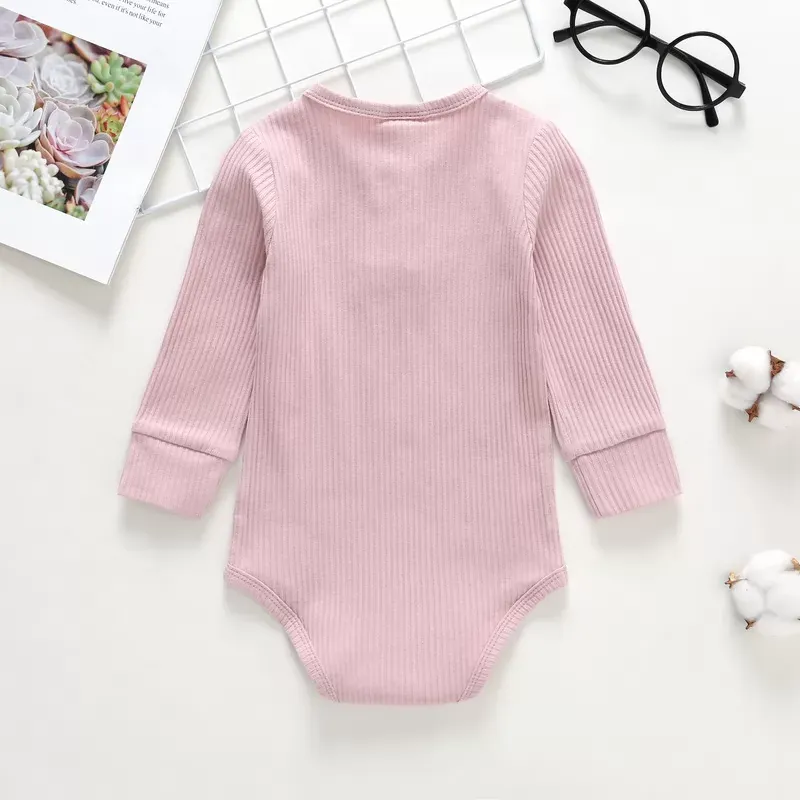 Newborn Baby Girl Boy Bodysuit Solid Color Crew Neck Jumpsuit Baby Girls Knit Cotton Long Sleeve Bodysuits Outfit Clothes 0-24M