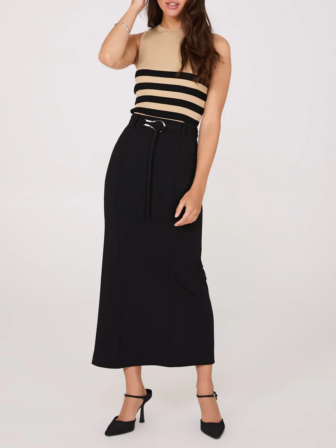 Belted Front Pintuck Column Skirt