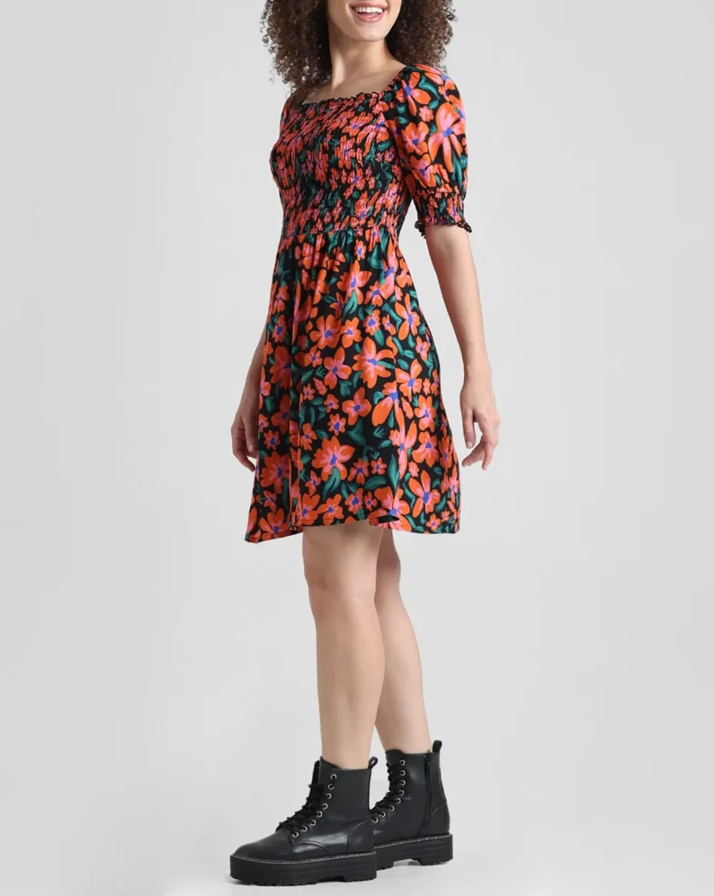 Black Floral Smocked Dress