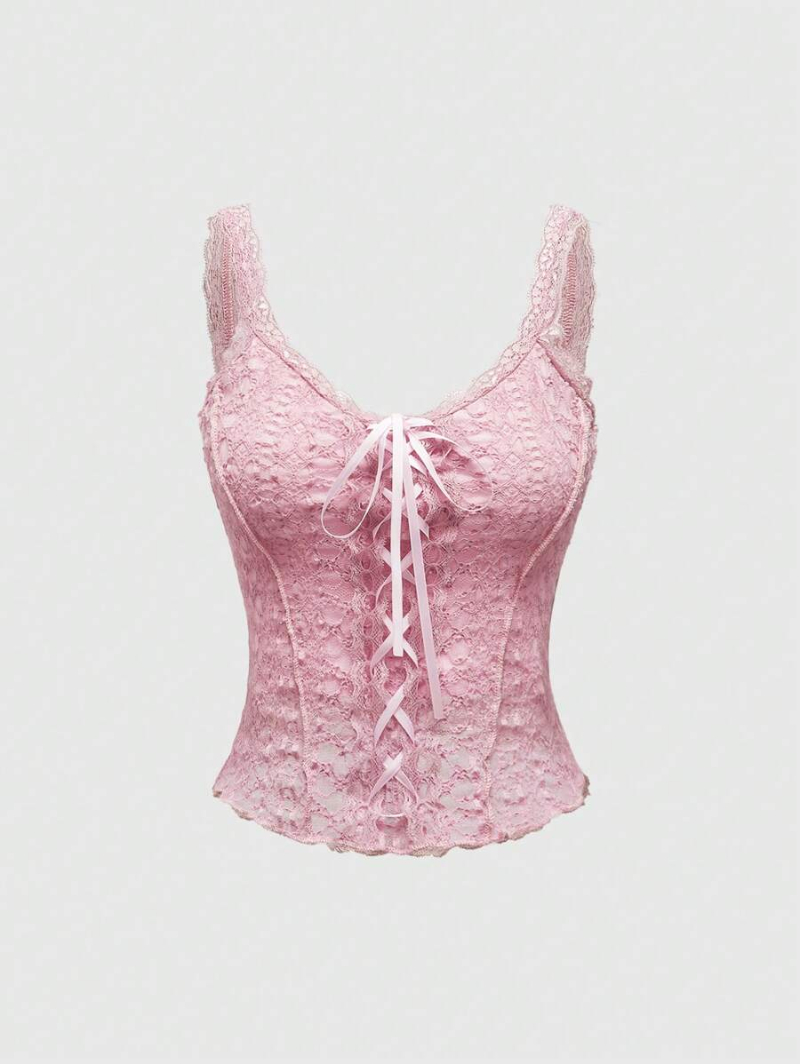 Fairycore Lace Up Contrast Lace Cami Top Corset Top