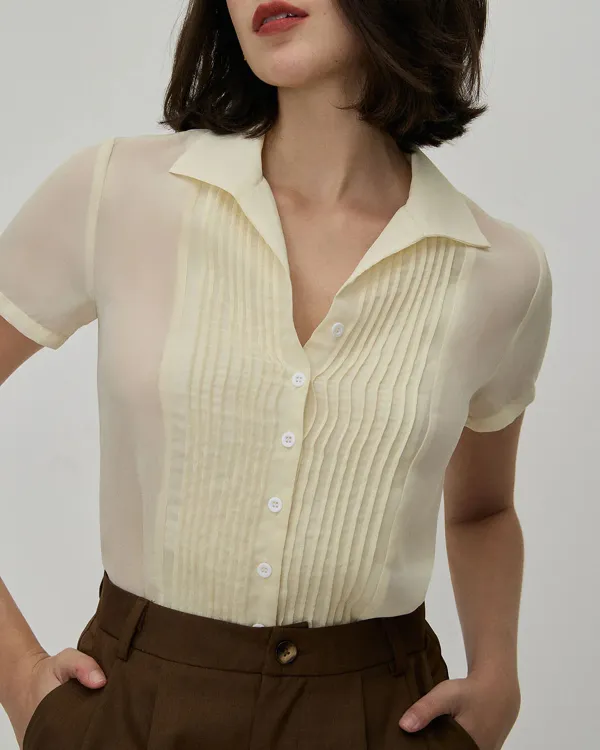 The Beige V Neck Pleated Chiffon Blouse