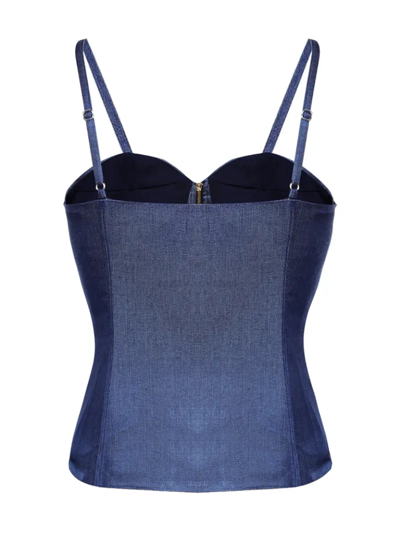 BLUE 1940S SPAGHETTI STRAP ZIPPER TOP WITH BELT