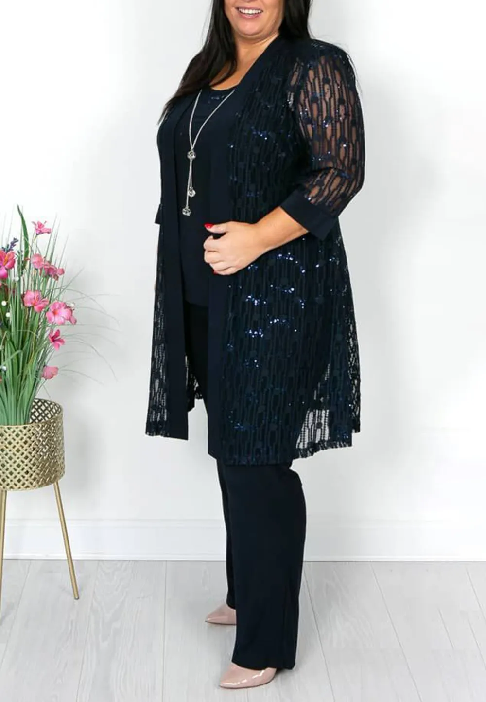 Navy Sequin and Lace Trouser Suit