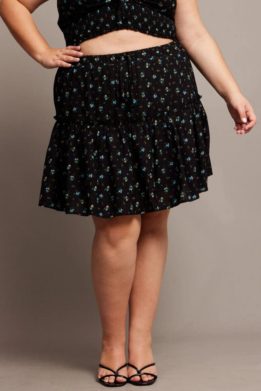 Black Ditsy Frill Hem Mini Skirt