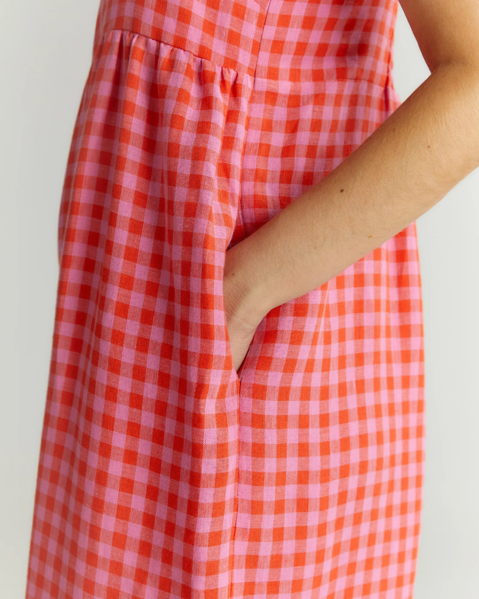 CARI TOMATO & PINK CHECK LINEN JUMPSUIT