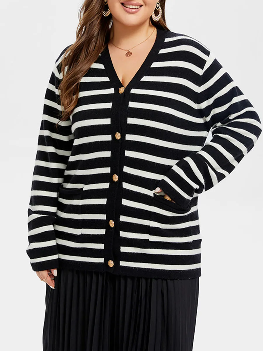 Striped Pattern Double Pocket Button Front Tunic Cardigan