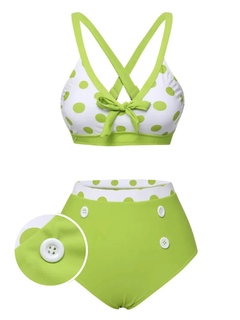 GREEN 1950S POLKA DOT V-NECK SWIMSUIT