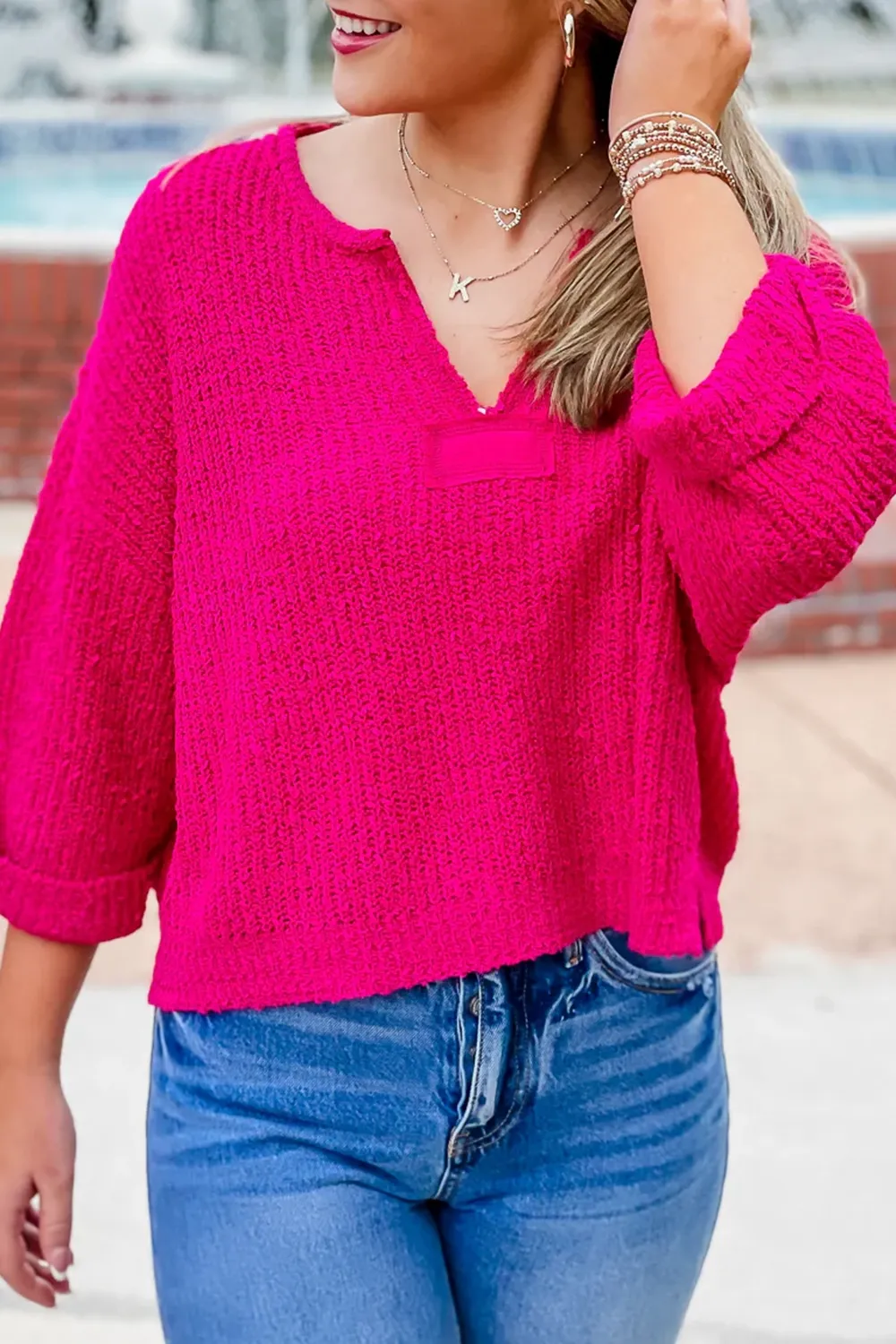 Rose red V-neck sweater