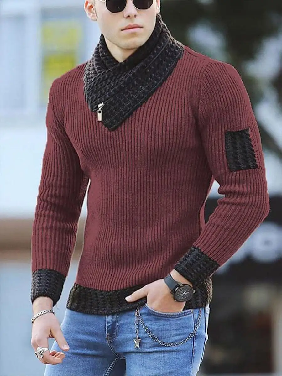 Men's Turtleneck Pullover Scarf Long Sleeve Casual Knit Sweater