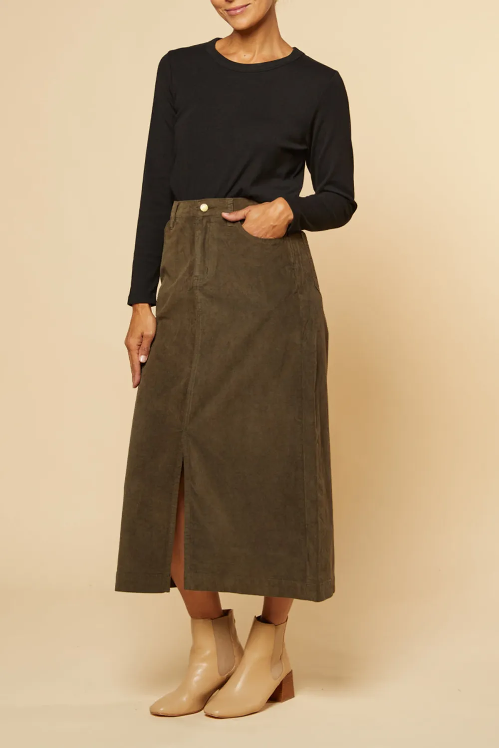 Adrift Split Brushed Cotton Skirt in Olive