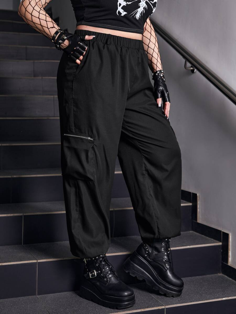 Grunge Punk Plus Chain Detail Zip Pocket Side Cargo Pants