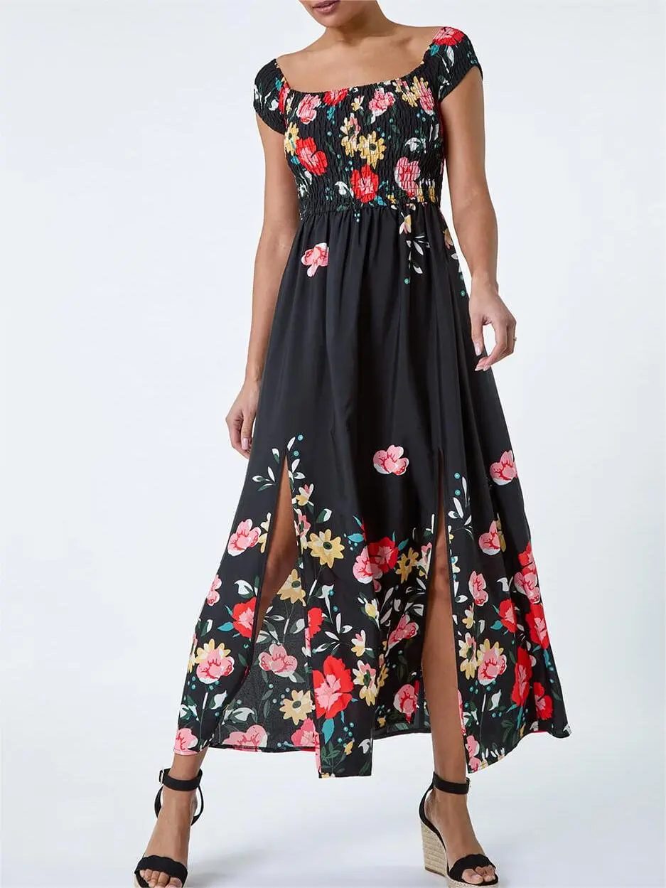 One shoulder black printed dress