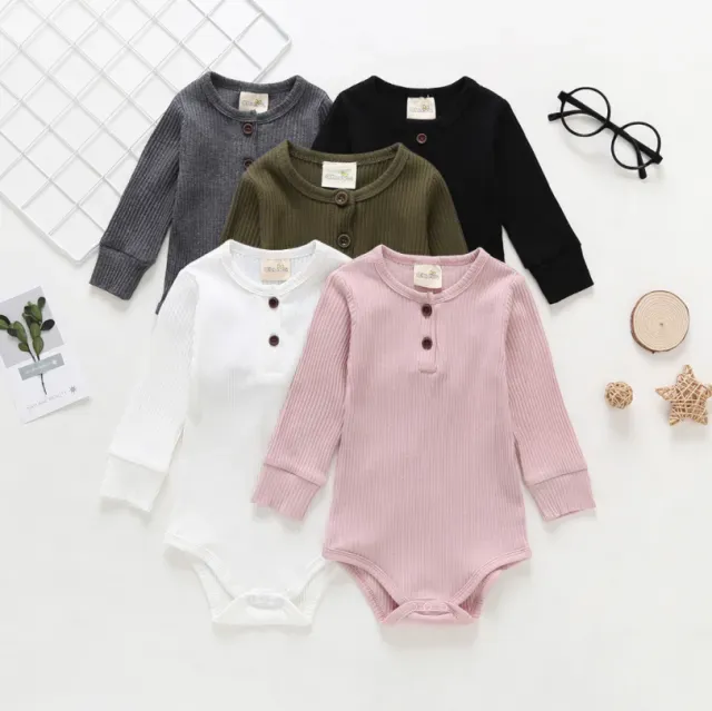 Newborn Baby Girl Boy Bodysuit Solid Color Crew Neck Jumpsuit Baby Girls Knit Cotton Long Sleeve Bodysuits Outfit Clothes 0-24M