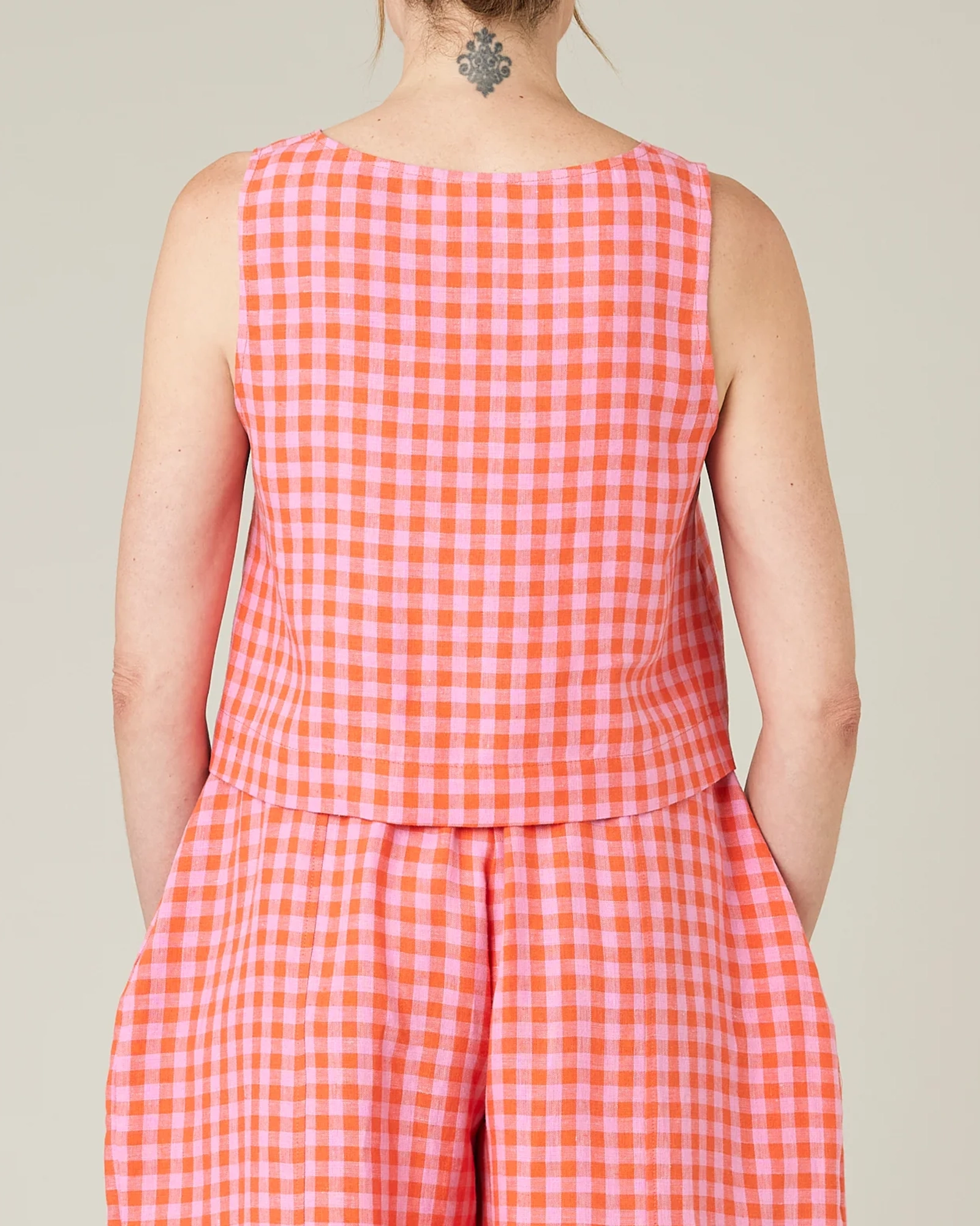 BETTY TOMATO & PINK CHECK LINEN TOP